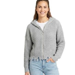 Forever 21 Cardigan Womens M Gray Distressed Shaker Knit Hooded Zip Up Sweater